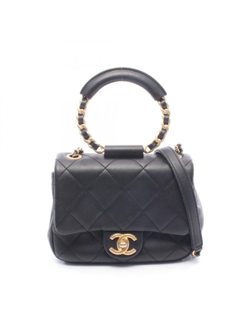 Chanel Shoulder Bag Quilted Loophandle Black Lambskin 2-Way Chain